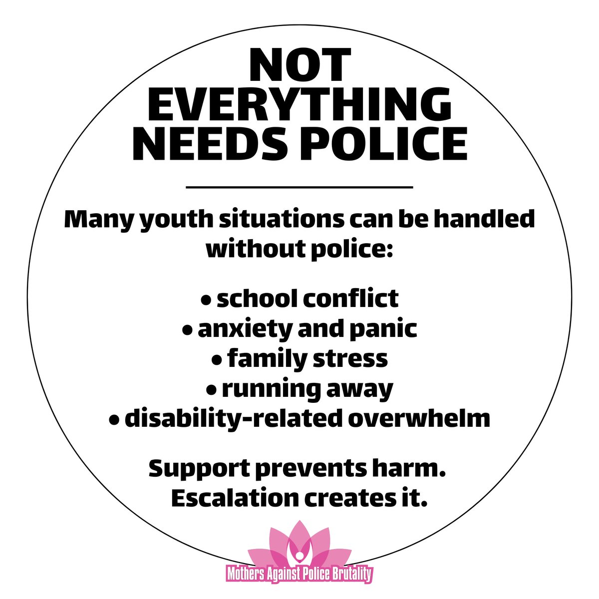 Support-first responses reduce harm and prevent escalation. Most youth situations can be addressed with de-escalation, counseling, and community support—not force and punishment.