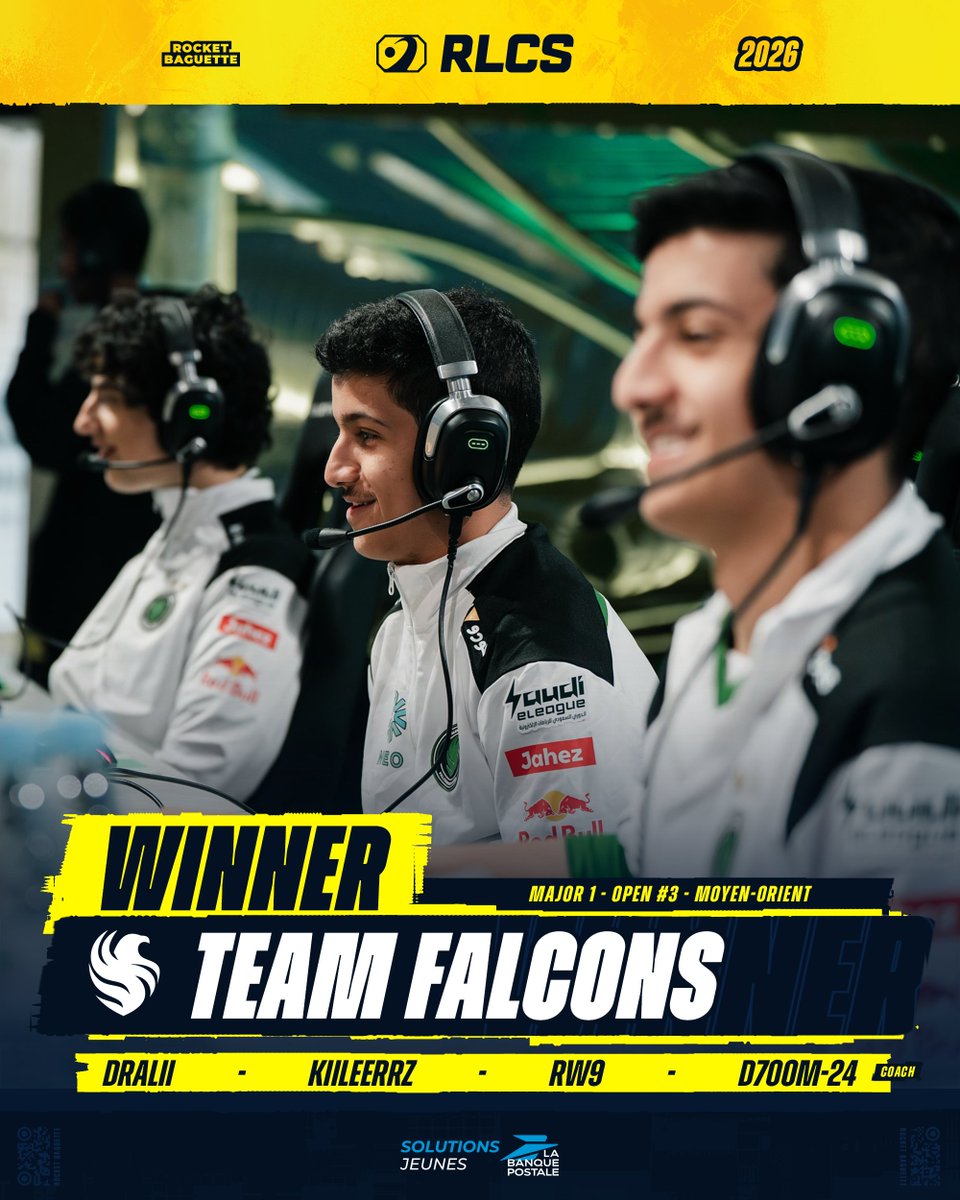 RocketBaguette's tweet photo. 🏆 La @TeamFalconsGG sort CHAMPIONNE de l'Open #RLCS n°3 MENA ! 💪

🇲🇦 @dralii897 
🇸🇦 @kiileerrz 
🇸🇦 @Rw9_rl 
🇸🇦 @id7oom_24 (c)

Ils se rendront au Major de Boston en tant que SEED #1 de la région MENA ! 🥇 https://t.co/6bYX1LdFa9