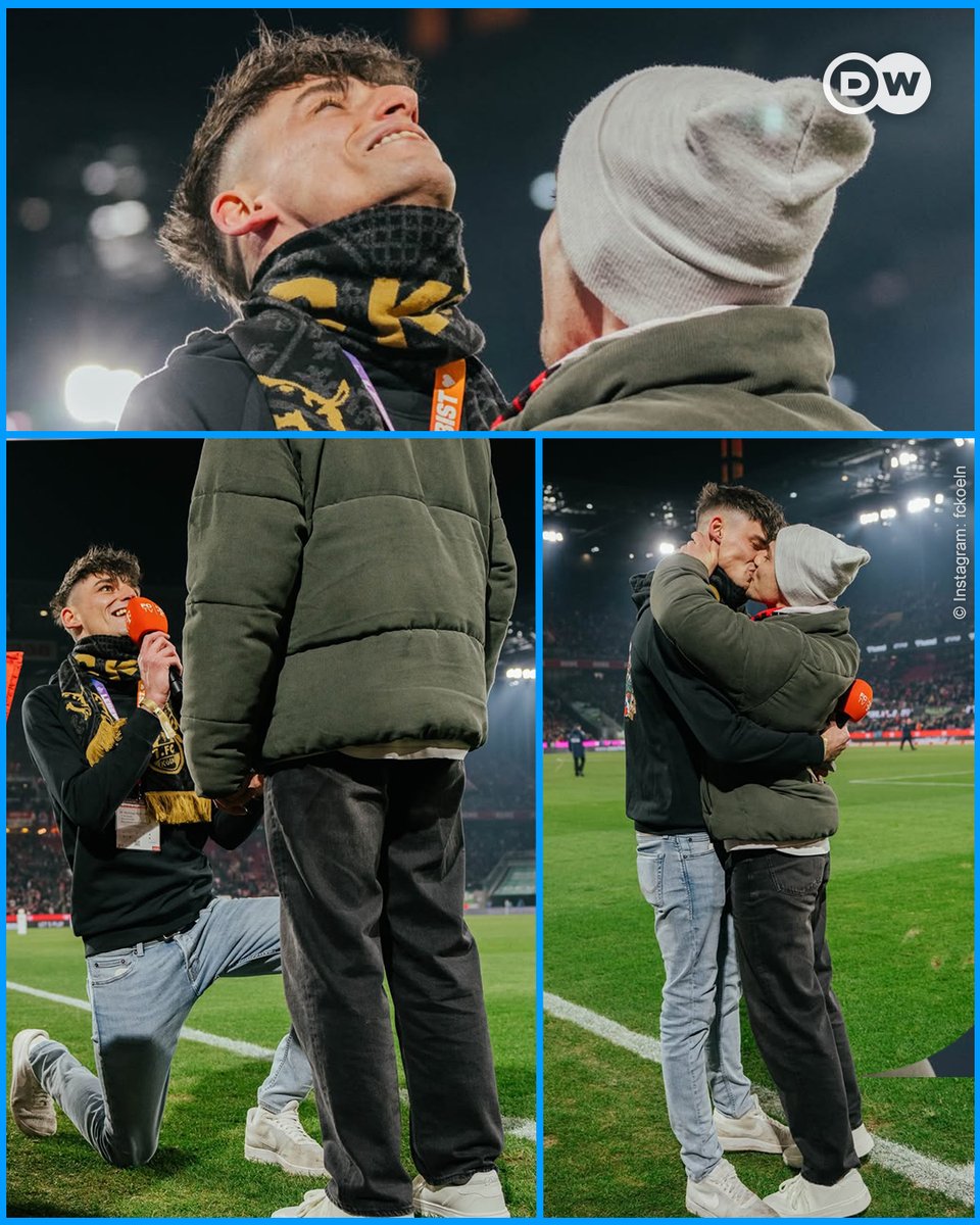 dw_sports's tweet image. This is the Bundesliga 🌈 HE SAID YES!

Queer football fan Pascal used the pitch in Cologne for a special moment: He proposed to his partner before kickoff. 

Pascal identifies as bisexual and came out three years ago. He is also an Amateur referee and a huge fan of 1. FC Köln.