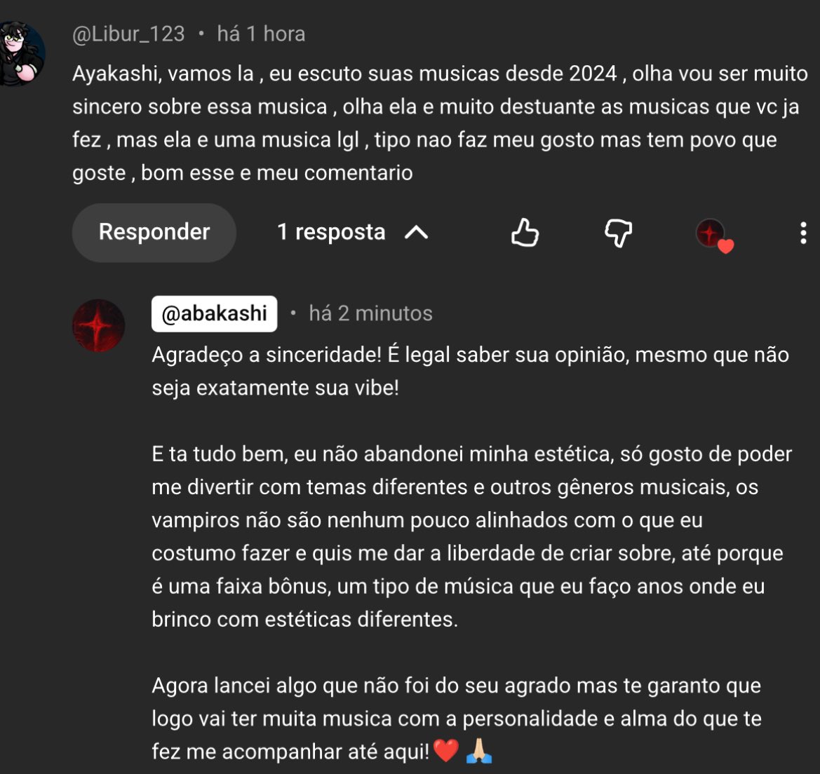 Também vale lembrar que até as musicas mais diferentes ainda são feitas por mim com o mesmo amor e carinho pela obra que sempre tive 

Eu agradeço MUITO a recepção dessa música eu esperava muito que ela fosse bem, mas não tanto quanto esta indo🙏🏻❤️