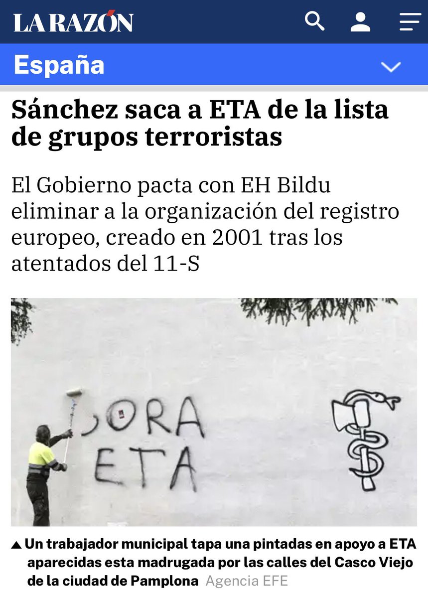 Sánchez saca a ETA de la lista de grupos terroristas, vía <a href="/larazon_es/">La Razón</a>

“El Gobierno pacta con EH Bildu eliminar a la organización del registro europeo, creado en 2001 tras los atentados del 11-S”

Que nadie relacione a Bildu con ETA, ni a Sánchez con Bildu…

Enviamos un sincero