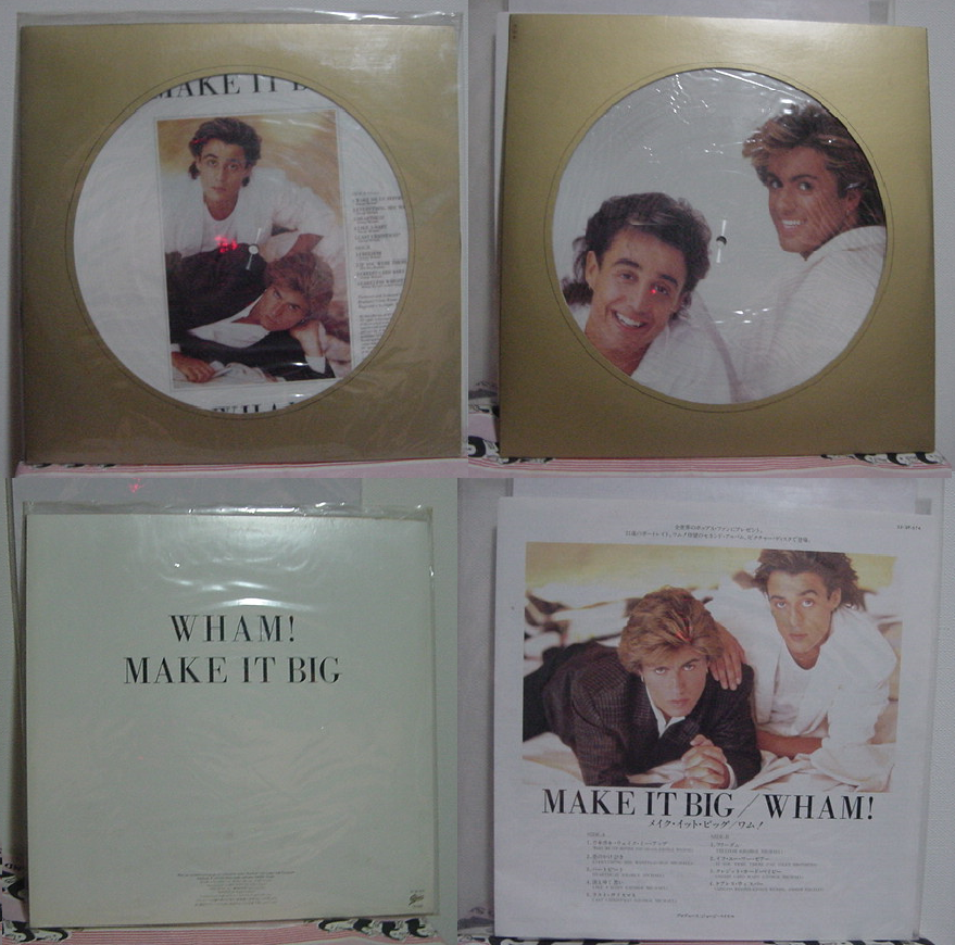 u_penguin's tweet image. 【何年かブリにの】

で、これも現世で再び見る事の出来たレコードで、言わずもがなの「Wham! ／ Make It Big」の「ピクチャーレコード」です。

何とかこれも「プレーヤー」を手に入れて、聴きたいです……

#Wham!
#Make It Big

上段がレコードの両面で、下段がジャケ裏→歌詞…ﾅﾝﾄｶ