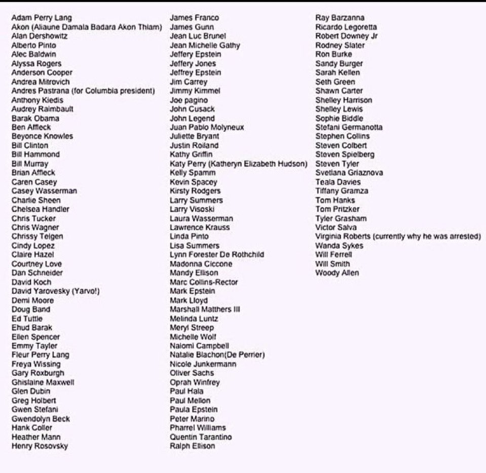 Let me catch you up:

This is a list of people who flew to Epstein’s Island on the Lolita Express with Jeffrey.

It was formulated off the flight logs before they were “Redacted”

If you want to know why you only got half the Epstein Flies?

This is the reason.
Repost this shit.