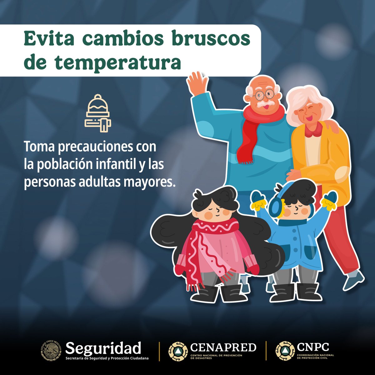 CNPC_MX's tweet photo. ❄️ Por el paso del frente frío núm. 32, evita cambios bruscos de temperatura.🧣 Abriga bien a niñas, niños y personas adultas mayores, especialmente en mañanas y noches con ambiente más frío. Cuida la salud de quienes más lo necesitan. https://t.co/dqjM1FRZPK