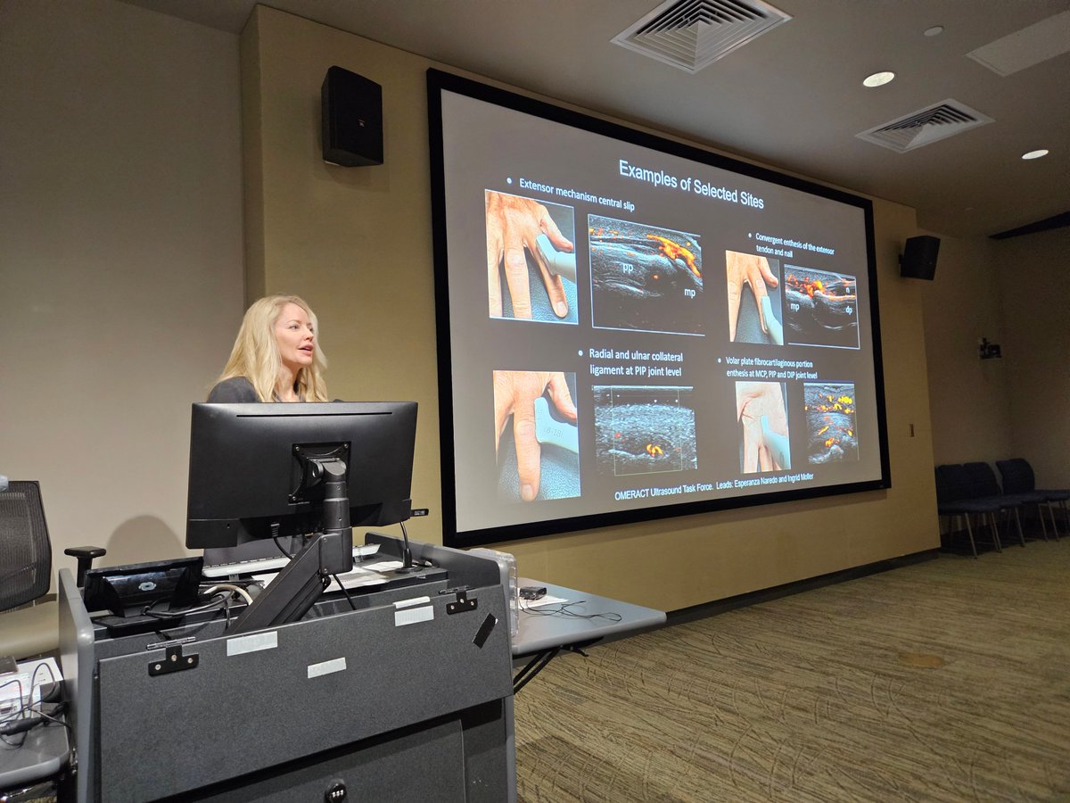 USSONAR_Rh's tweet photo. Dr @CatherineB27 teaches about the importance of ultrasound in evaluating patients with #psoriaticarthritis !
#RhMSUS #ussonar26 https://t.co/6scCYBz2fg