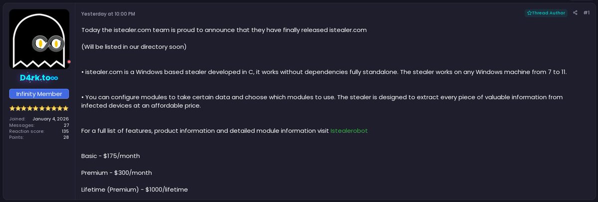 NoxHuntFr's tweet photo. New stealer ISTEALER is being advertised on DNA
#stealer #darkweb #malware https://t.co/JMouwkFUIA