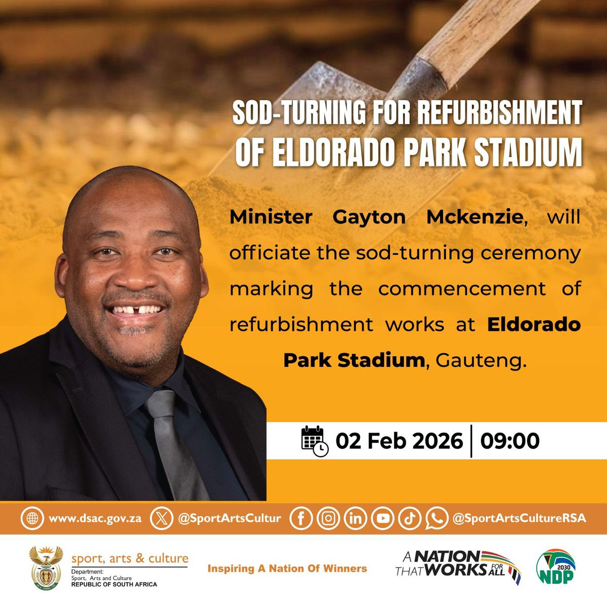 SportArtsCultur's tweet image. A new chapter for Eldorado Park Stadium 🏟️✨
 Minister @GaytonMcK will officiate the sod-turning ceremony to kick off the stadium’s refurbishment on 02 Feb 2026 in Gauteng.

Building safer, inclusive spaces for community sport.

#BuildingSport #SportForAll #EldoradoPark #DSAC