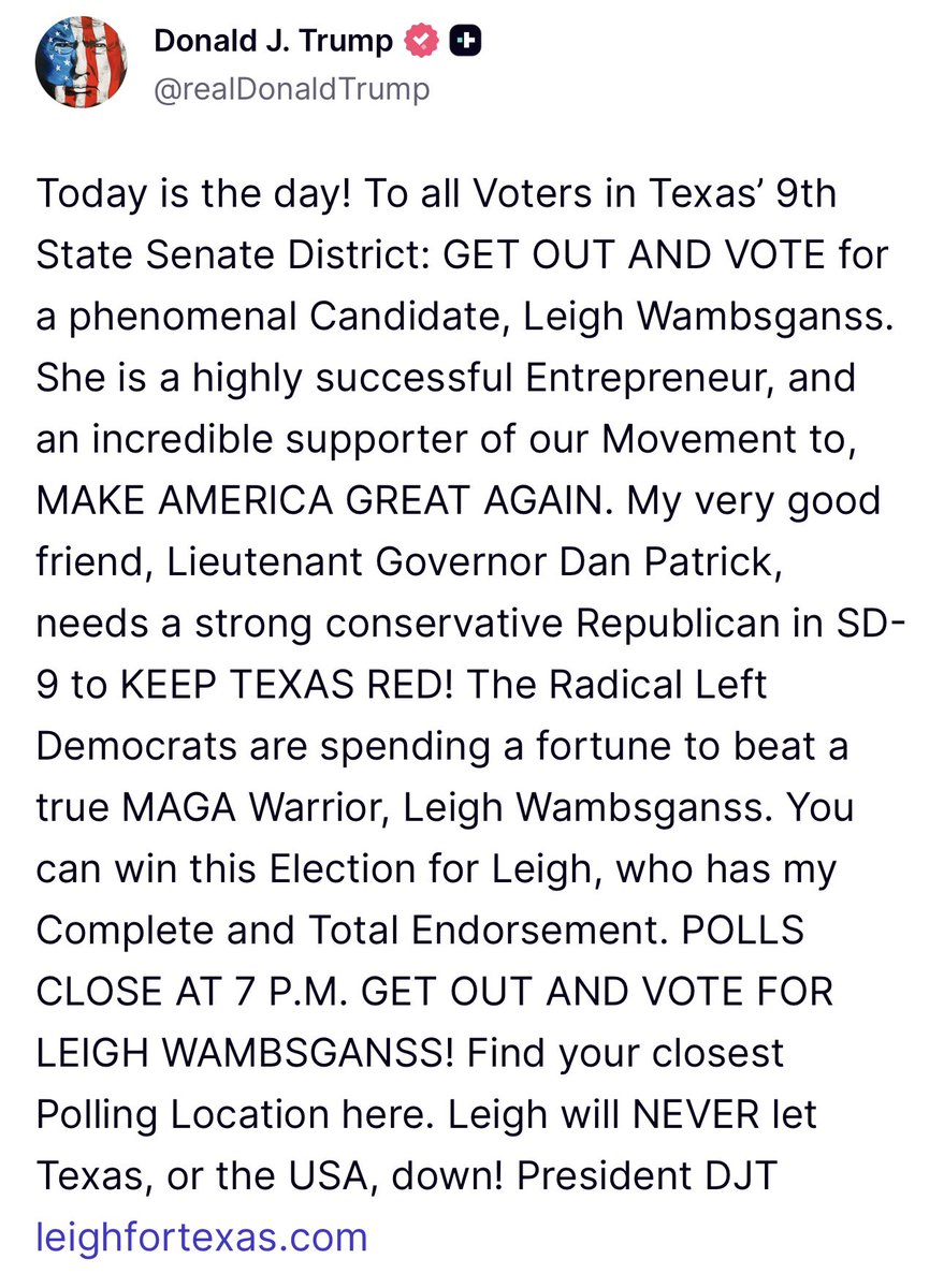 There are just under 4 hours left to vote for Leigh Wambsganss for Texas Senate. <a href="/POTUS/">President Donald J. Trump</a> has weighed in again for <a href="/LeighForTexas/">Leigh Wambsganss</a> Thank you, Mr. President. <a href="/realDonaldTrump/">Donald J. Trump</a>