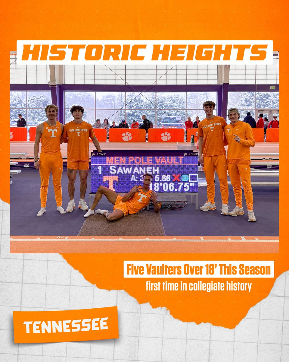 Vol_Track's tweet image. the best men’s vault squad in the country just got better 💯

Tennessee becomes the first program in COLLEGIATE HISTORY with five vaulters over 18’ in the same season!