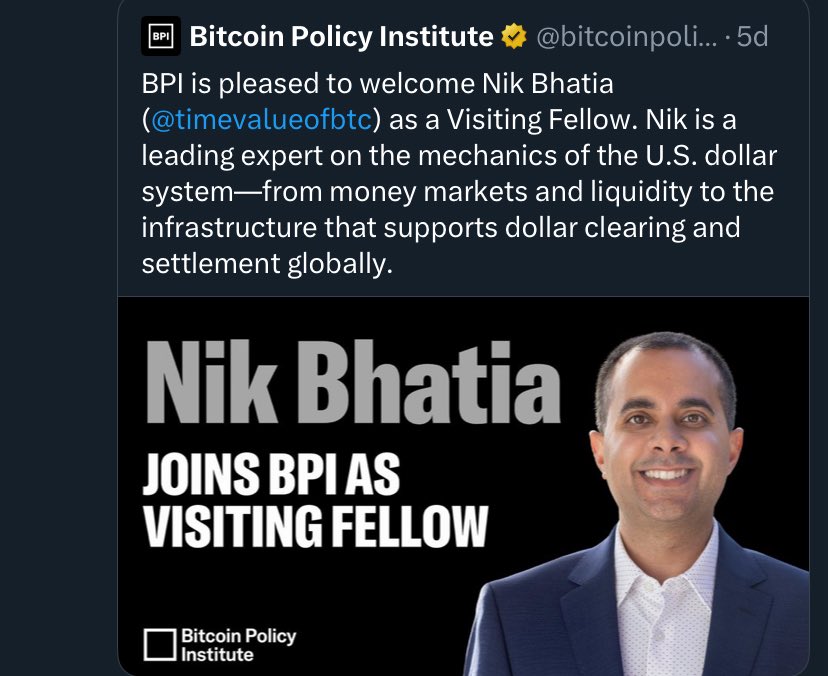 BitcoinConner_'s tweet image. I’ve been following Nik since his earliest posts on lightning yield and handed out copies of Layered Money all over Capitol Hill. 

It’s an honor to have him officially join us as a fellow at BPI where we’ll put his strong expertise on fiat plumbing to good use. 

More to come!