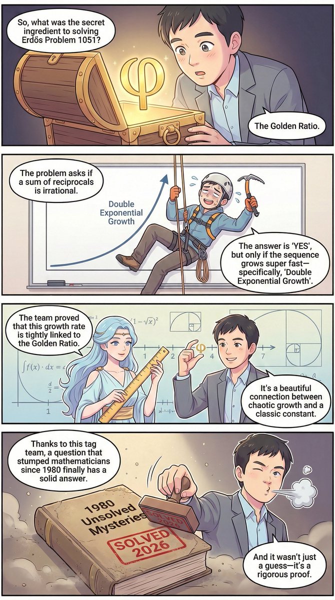 lmthang's tweet image. Thanks to @AwaitSeedIgnite for such a cute comic about the cool collaboration btw mathematicians and #DeepThink to solve Erdős 1051! cc @AcerFur