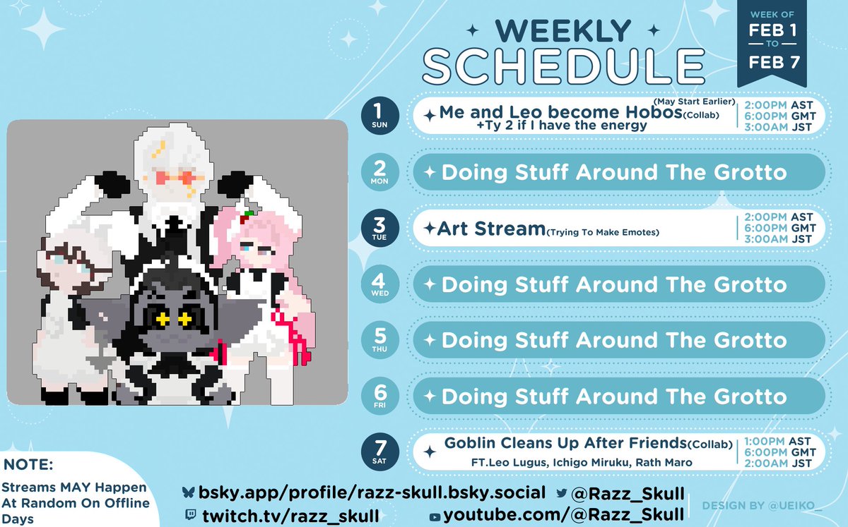 Razz_Skull's tweet photo. Schedule for the first week of february, got a few collabs!
Fan Tag: #Nitelings
Art Tag: #Drawblin
Clip Tag: #RazzRecords https://t.co/kE5q5KqbHf