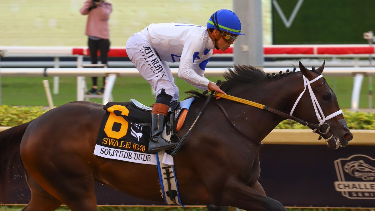 GulfstreamPark's tweet photo. A decisive win for Solitude Dude in the Swale Stakes, with @iradortiz guiding the winner for trainer @SaffieJosephJr. The horse races for Chris Fountoukis, bred by Martha Buckner &amp; Matthew Ernst. #GulfstreamPark #ChampionshipMeet https://t.co/PeR7C4jPfo