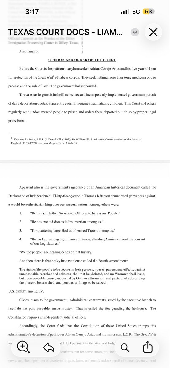 JasmineForUS's tweet photo. A court has ordered the release of Liam and his father — the order is worth a READ! The Judge legitimately read the government for FILTH, as he should, all while giving a history lesson & taking them to school on the Constitution, itself! 

Today, is a great day, but please know, there are so many other children whose pics didn’t go viral languishing at Dilley, unconstitutionally.