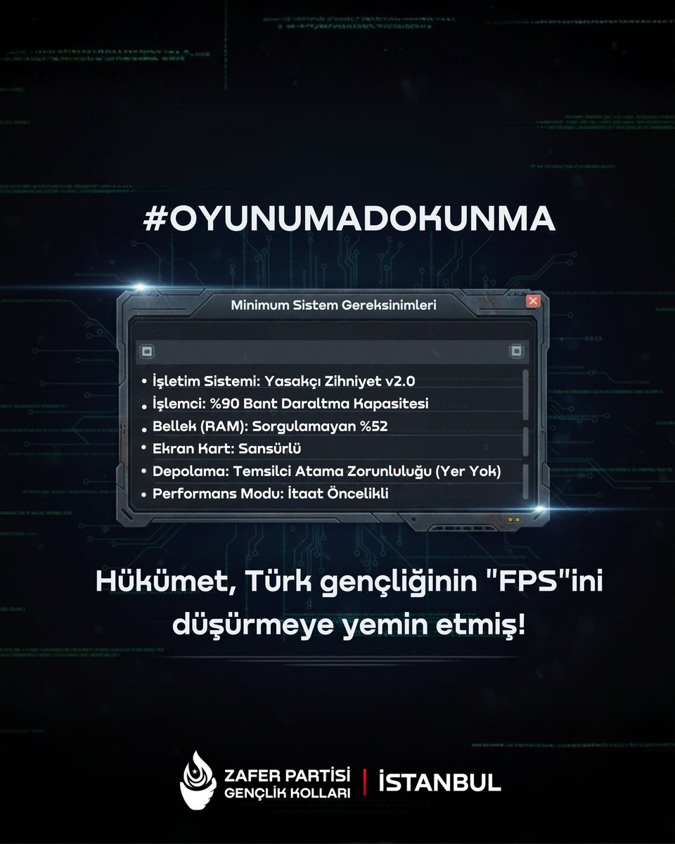 #OYUNUMADOKUNMA
Dijital oyun mağazalarına temsilci zorunluluğu adı altında, Türk gencinin tek eğlencesi olan oyun dünyasına "Lag" sokmaya hazırlanıyorlar. Steam’e, Epic’e, PS Store’a erişimi kısıtlamak; gençlerin dijital dünyadaki nefes borusunu kesmektir. ​Bize diyorlar ki;