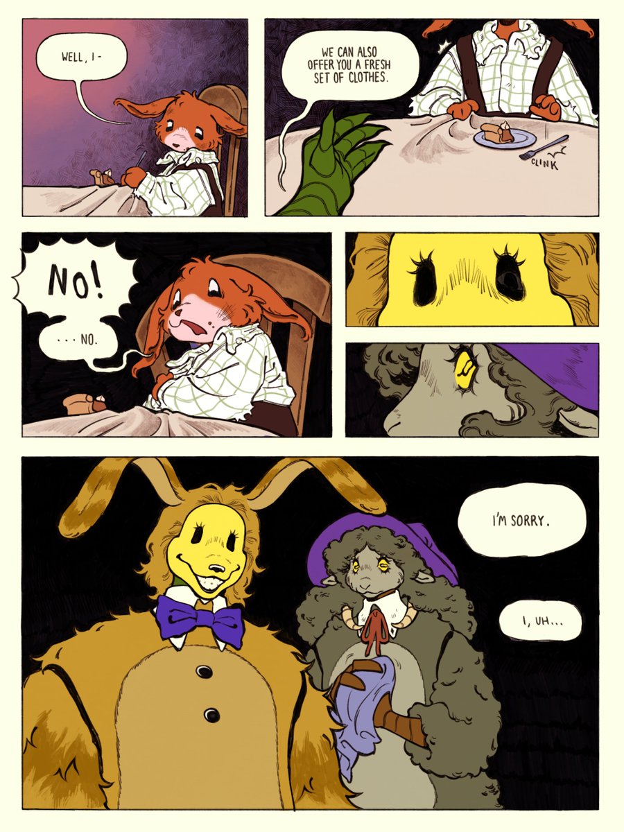 Halloween 1952 - Part 5

The little bunny's response is not what either of the Watermans expected.

Who would turn down such an offer?

Artwork by <a href="/eggfieldart/">eggfield🌻</a>.

#TheWaltenFiles #PumpkinRabbit #LorenzoWaterman #WitchSheep #RachelWaterman #OC