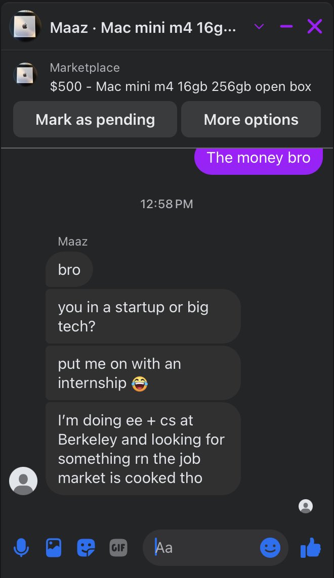 mil000's tweet photo. People are so desperate for internships they’re asking me for one on a Mac mini listing https://t.co/R7DvfX9IOZ