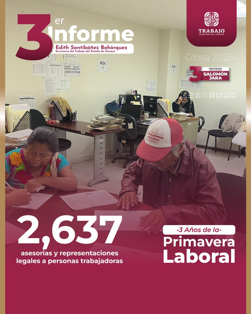 A tres años del inicio de la #PrimaveraLaboral Oaxaqueña, incrementamos como nunca la atención a las y los trabajadores, al pasar de 9 personas atendidas por mes, a más de 200.

¡Como nunca y con la visión de nuestro gobernador, Oaxaca, se consolida como capital laboral del Sur!