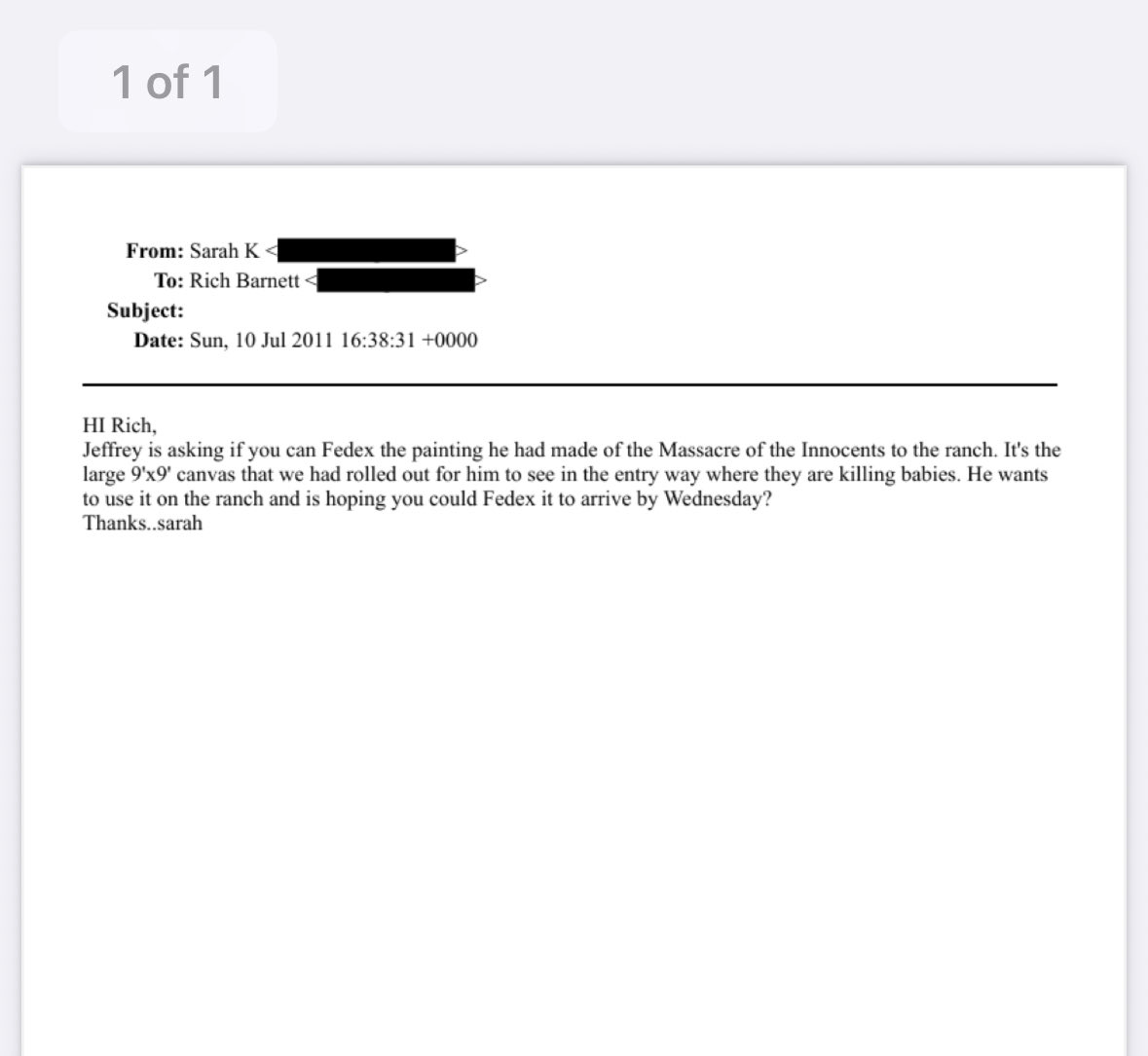 SurpriseWitnes's tweet image. Convicted pedophile, Jeffrey Epstein, had a 18 sq. ft. painting called “Massacre of the Innocents.”

The painting “where they are KILLING BABIES”. I include some renditions of this painting from Google.
 
This email is part of the newly released #epsteinfiles.