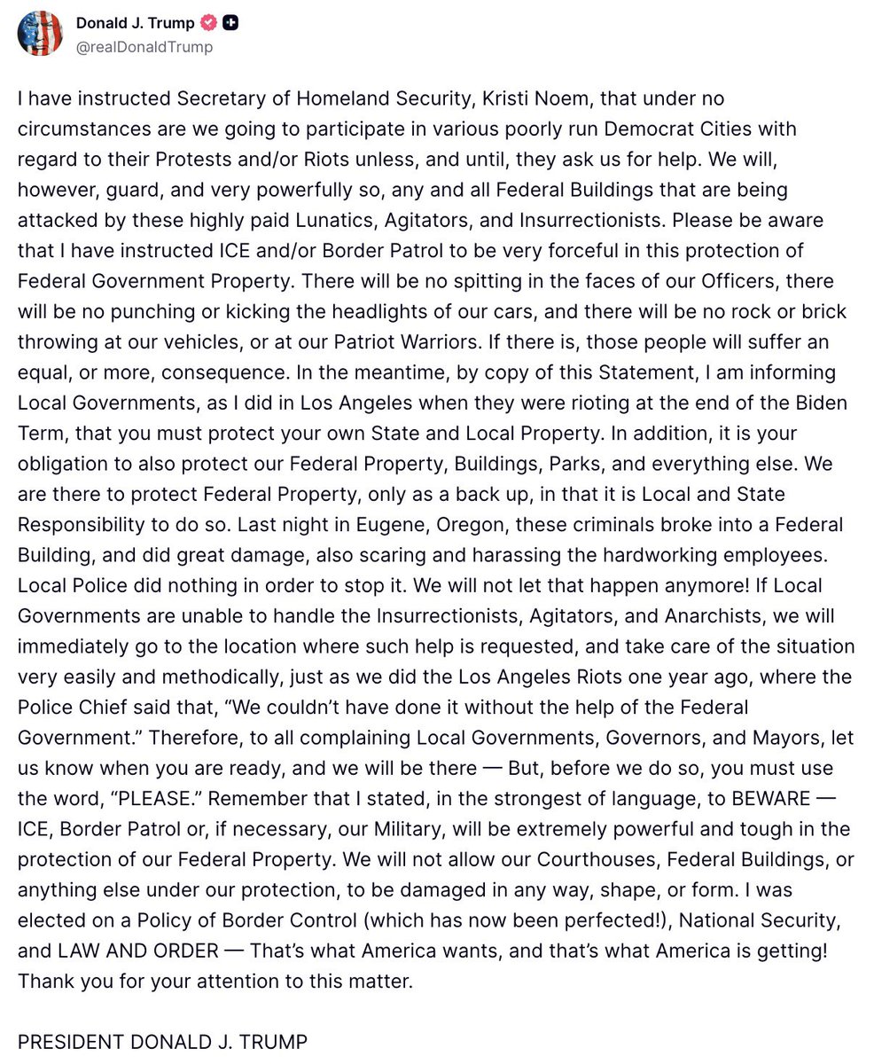 MAGALieTracker's tweet photo. BREAKING: In a super long post on Truth Social, Trump backs off the invasion of federal agents into Democratic run cities in the most Trumpian way possible. https://t.co/mN3D8n4u5f
