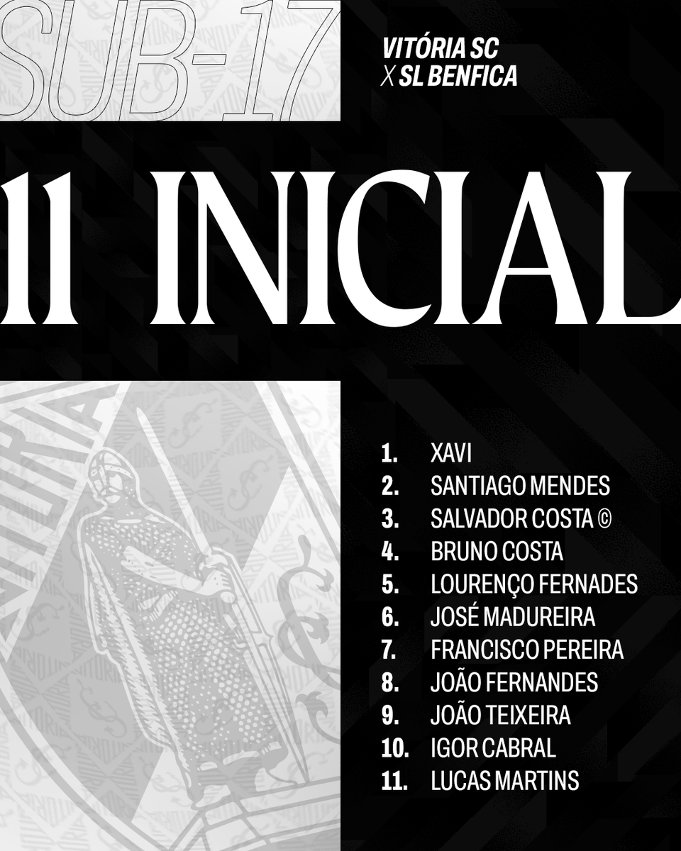 VitoriaSC1922's tweet photo. O nosso ONZE⚔️
🕚 11 horas
📍 Pista Gémeos Castro
ℹ️ Jornada 2 da Fase de Apuramento de Campeão
#UnidosPeloVitória • #Sub17 • #VSCSLB https://t.co/gV3tvs5nRf