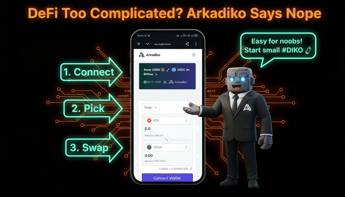 tm_bolu's tweet image. Myth #5: "Too complicated for noobs."
Arkadiko's UI is clean AF – connect wallet, pick collateral, mint &amp;amp; go. Community Discord guides you. Start small, scale up. No PhD required. 📱
🔗 Links in their bio
If it's easy for me, it's easy for you. #DIKO