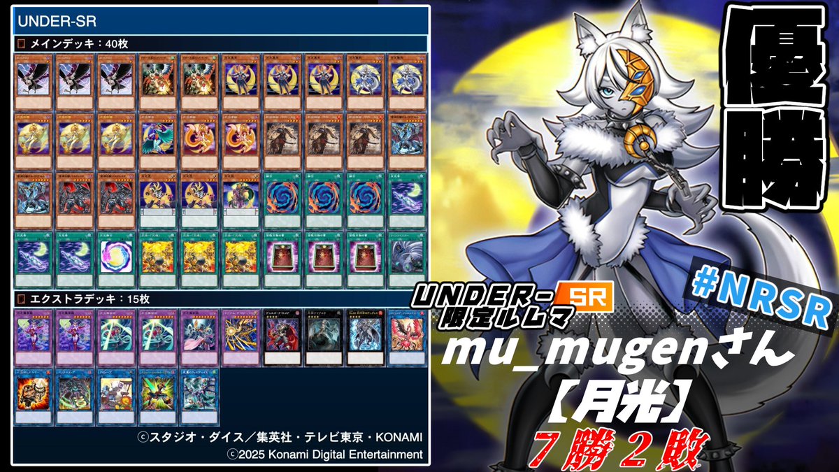 hon_humms's tweet photo. 第三回UNDER-SRルムマ、ご参加いただきありがとうございました!
優勝:muさん【月光】
準優勝:celeさん【未界域暗黒界】
3位:SARASAさん【神碑ジェネレイド】
番外:ほんのりハム【ふわん】
公式レギュで使えなかったビステ採用の月光が優勝!!
全ハンデス暗黒界エグ過ぎて衝撃でした
#NRSR https://t.co/qbrfNGTDAL