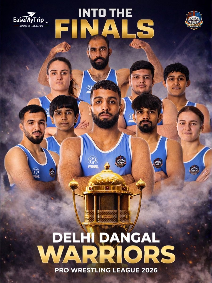 EaseMyTrip's tweet photo. We’re into the FINALS. 🏆
This Team Doesn’t Bend. Doesn’t Break.
Doesn’t wait for things to be easy.
The real warriors are ready. ⚔️
Delhi Dangal Warriors - finals bound.
.
.
.
#IntoTheFinals #DelhiDangalWarriors #PWL2026 #TeamStrength #WrestlingIndia https://t.co/HkcXkYOn2f