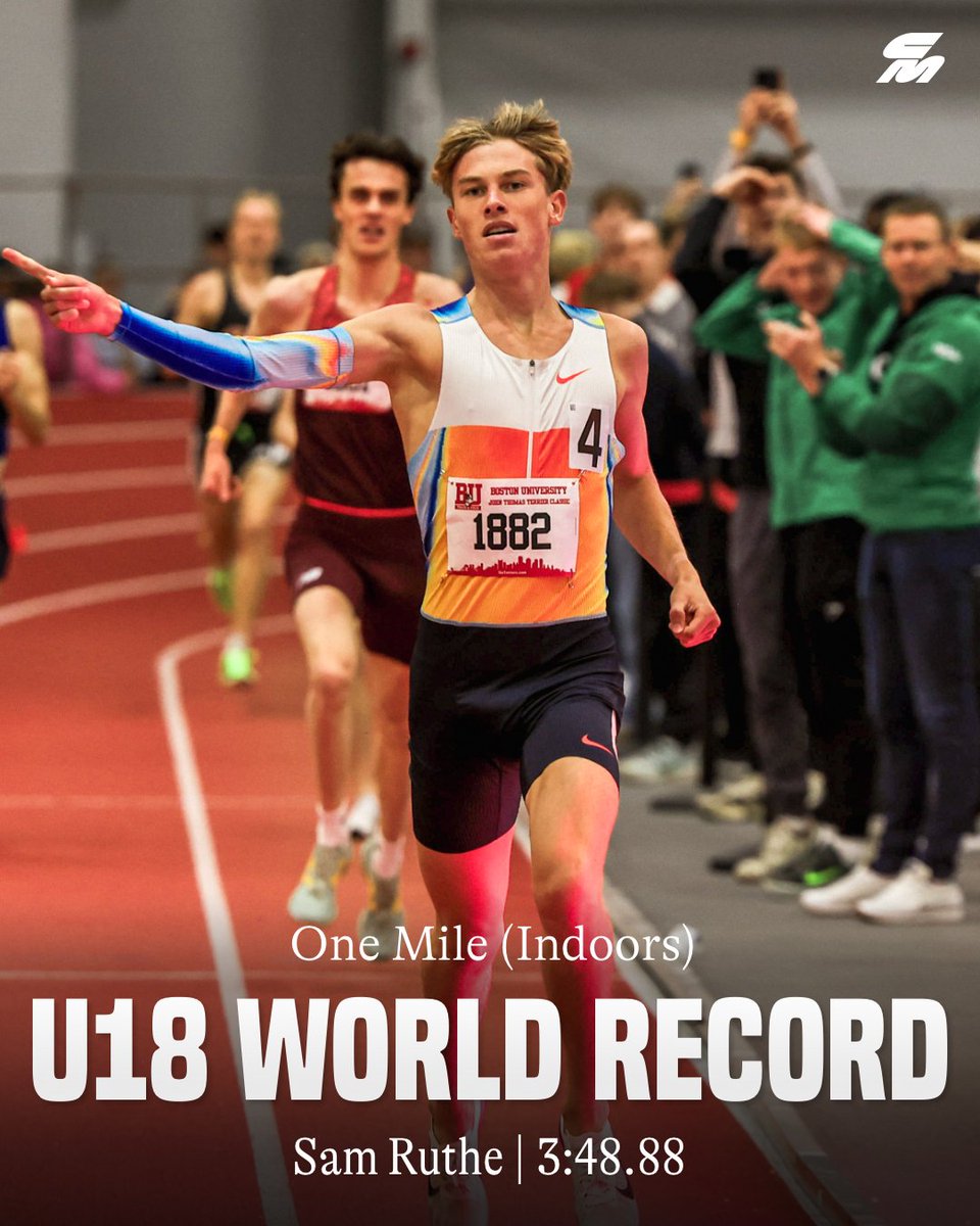 CitiusMag's tweet image. ARE YOU KIDDING ME 🤯

16-year-old Sam Ruthe OBLITERATES the field and his own age-group world record with a RIDICULOUS 3:48.88 mile to win the BU Terrier Classic.

That’s #11 ALL-TIME indoors, 0.01 behind World champ Josh Kerr on the world list.