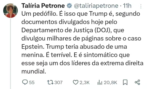 Talíria Petrone, a member of the Socialist Party (PSOL) in the Brazilian Legislative Parliament, accuses US President Donald Trump <a href="/POTUS/">President Donald J. Trump</a> of being a pedophile.
This is a serious false accusation that directly damages the honor of the President of the United States🇺🇸
<a href="/SecRubio/">Secretary Marco Rubio</a>
