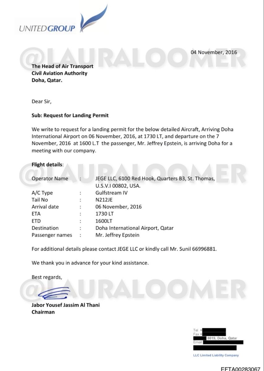 LauraLoomer's tweet image. EXCLUSIVE:

🚨 Jeffrey Epstein communicated with Qatar’s Ruling Family About the Muslim Brotherhood and Visited Qatar 2 Days Before The US Presidential Election In 2016 🚨 

Jeffrey Epstein’s private plane was invited to land in Doha, Qatar by Sheikh Jabor bin Yousef bin Jassim…