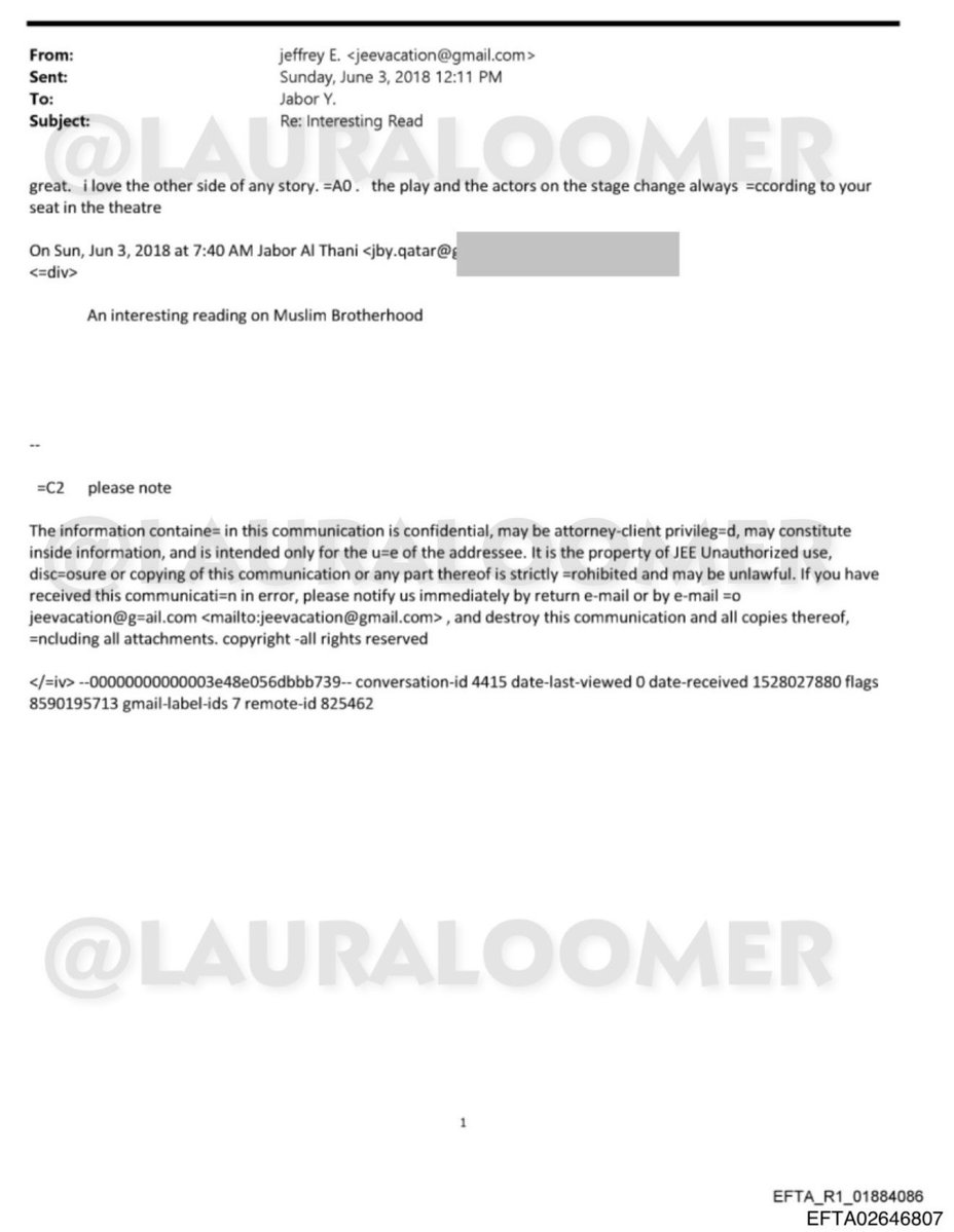 LauraLoomer's tweet image. EXCLUSIVE:

🚨 Jeffrey Epstein communicated with Qatar’s Ruling Family About the Muslim Brotherhood and Visited Qatar 2 Days Before The US Presidential Election In 2016 🚨 

Jeffrey Epstein’s private plane was invited to land in Doha, Qatar by Sheikh Jabor bin Yousef bin Jassim…
