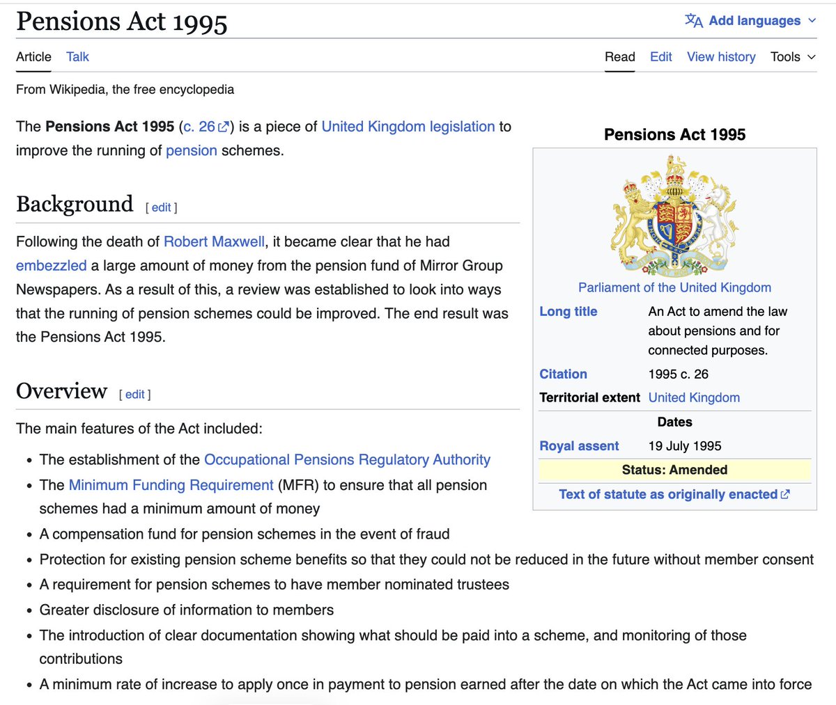 INorBY2020's tweet image. Wikipedia barely mentions #50swomen SPA rise and no details given. Same as news coverage, which mainly focussed on the Maxwell scandal, barely a mention as the Bill was pushed through with two others in the 1995 Pension Act. #waspi  en.wikipedia.org/wiki/Pensions_…