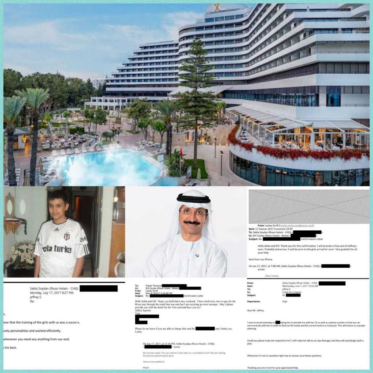 #SONDAKİKA 

Antalya Rixos Oteli
#Epstein için kız çocukları ayarladığı ifşa edildi.

 Epstein için kız çocukları ayarlayan Otelin eğitim kurum başkanlarının isimleri yayınlandı. 

Sebla Soydan, Elif Ceylan ve Başkan Fettah Tamince

Antalya’daki Rixos Hotel’de şüpheli bir şekilde