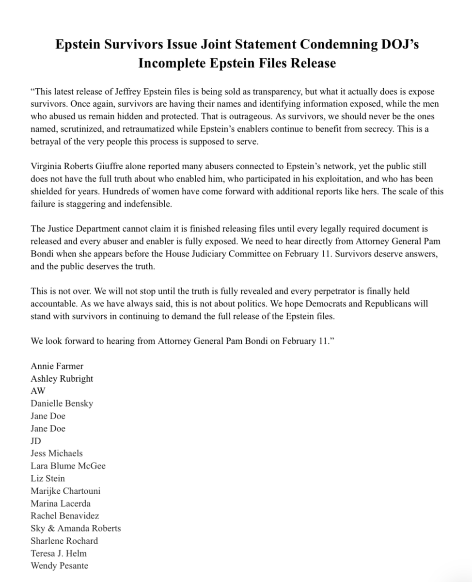 OpDeathEaters's tweet image. Epstein's victims condemn the DOJ’s Jan 30th release for exposing their identities while protecting the criminals.

“This is not over. We will not stop until the truth is fully revealed and every perpetrator is finally held accountable.”  #3E #OpDeathEaters #EpsteinCoverUp