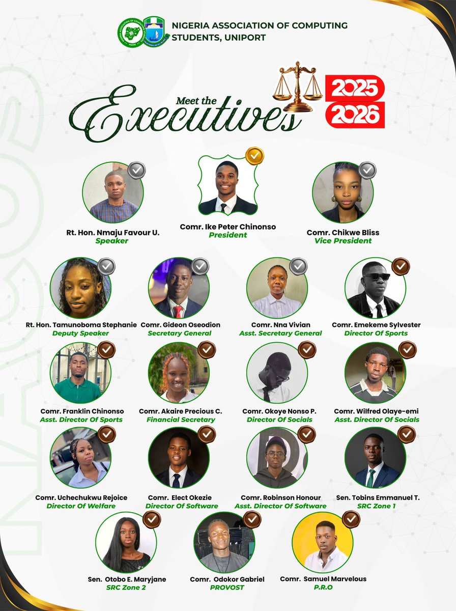 nacos_uniport's tweet photo. Meet the NACOS UNIPORT Executives for 2025/2026 session 🔥

The mega minds leading the vision of the faculty.
Comr. Ike Peter-led administration 
#meettheexecutives #nacos https://t.co/mIHopQ94D0