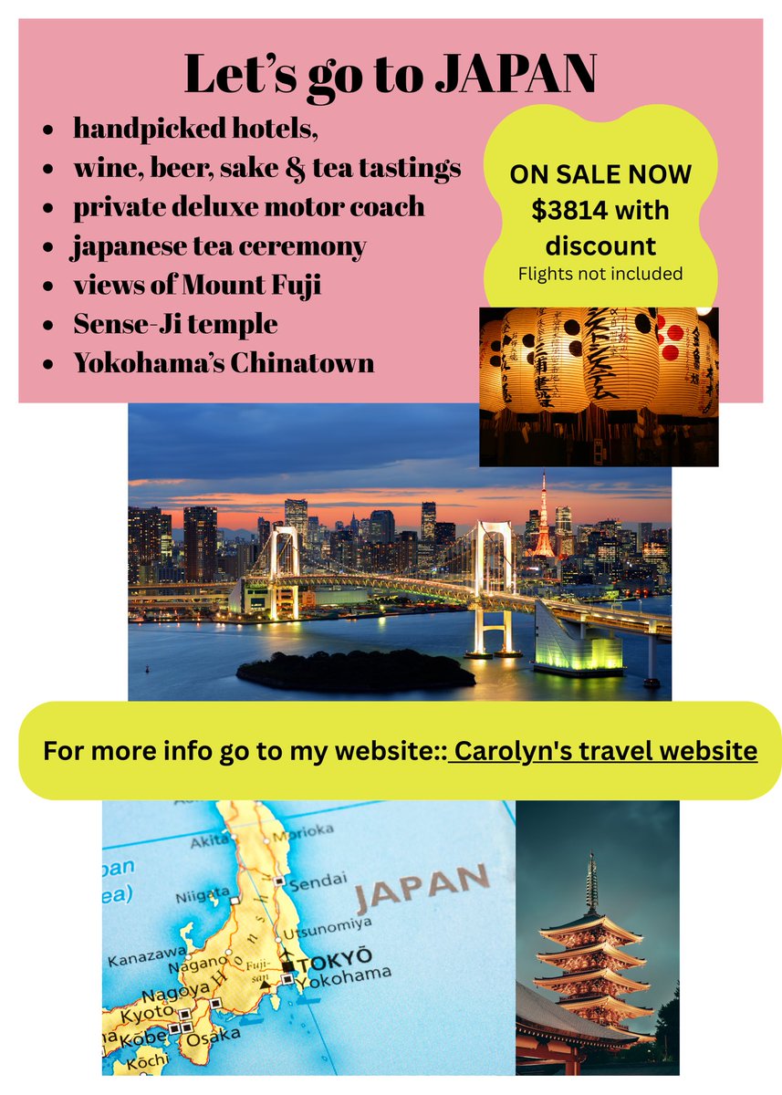 cbracksieckCHS's tweet photo. Family/Adult trip to Japan!! Who is in?  Lots of options on this one including an excursion to Kyoto and you can opt to choose your own flights!  Let me know while discount lasts!  More info here: For all the details check out my website: https://t.co/N30kw5NhIs https://t.co/kCXRrYyp4o