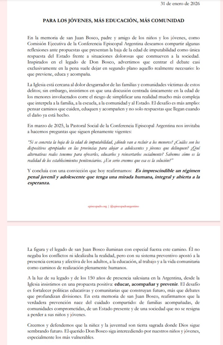 La Iglesia sobre la baja de la edad de imputabilidad 👇🏻
"La verdadera prevención nace del cuidado compartido: de familias acompañadas, de comunidades comprometidas, de un Estado presente y de una sociedad que no se resigna 
a perder a sus niños y jóvenes" 📖