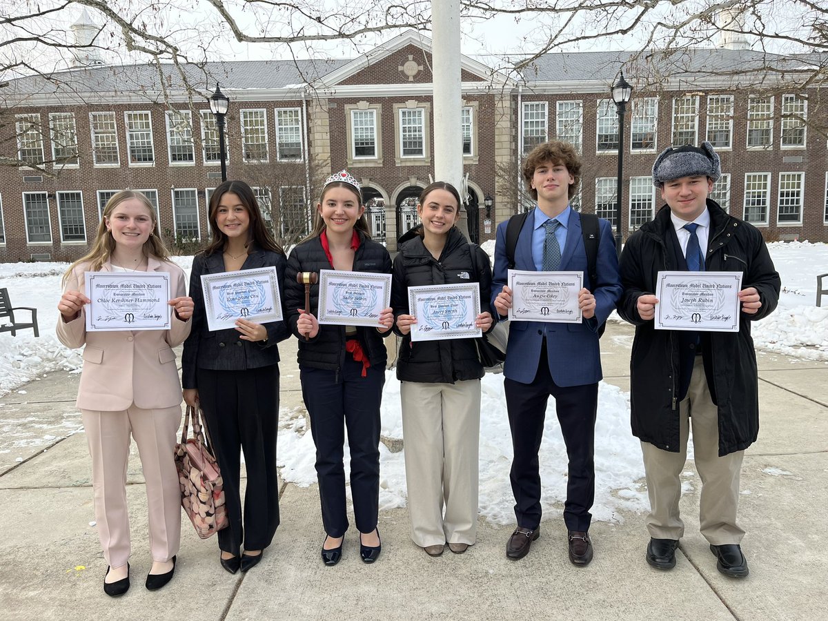 HMHSmodelUN's tweet photo. Congratulations to Moorestown Model UN award winners Chloe Kershner-Hammond (Honorable Mention), Eva Chu (Best Position Paper), Sadie Belkin (Best Delegate), Avery Smyth (BPP), Augie Coley &amp; Joe Rubin (HM). https://t.co/FOIJ5cXe90