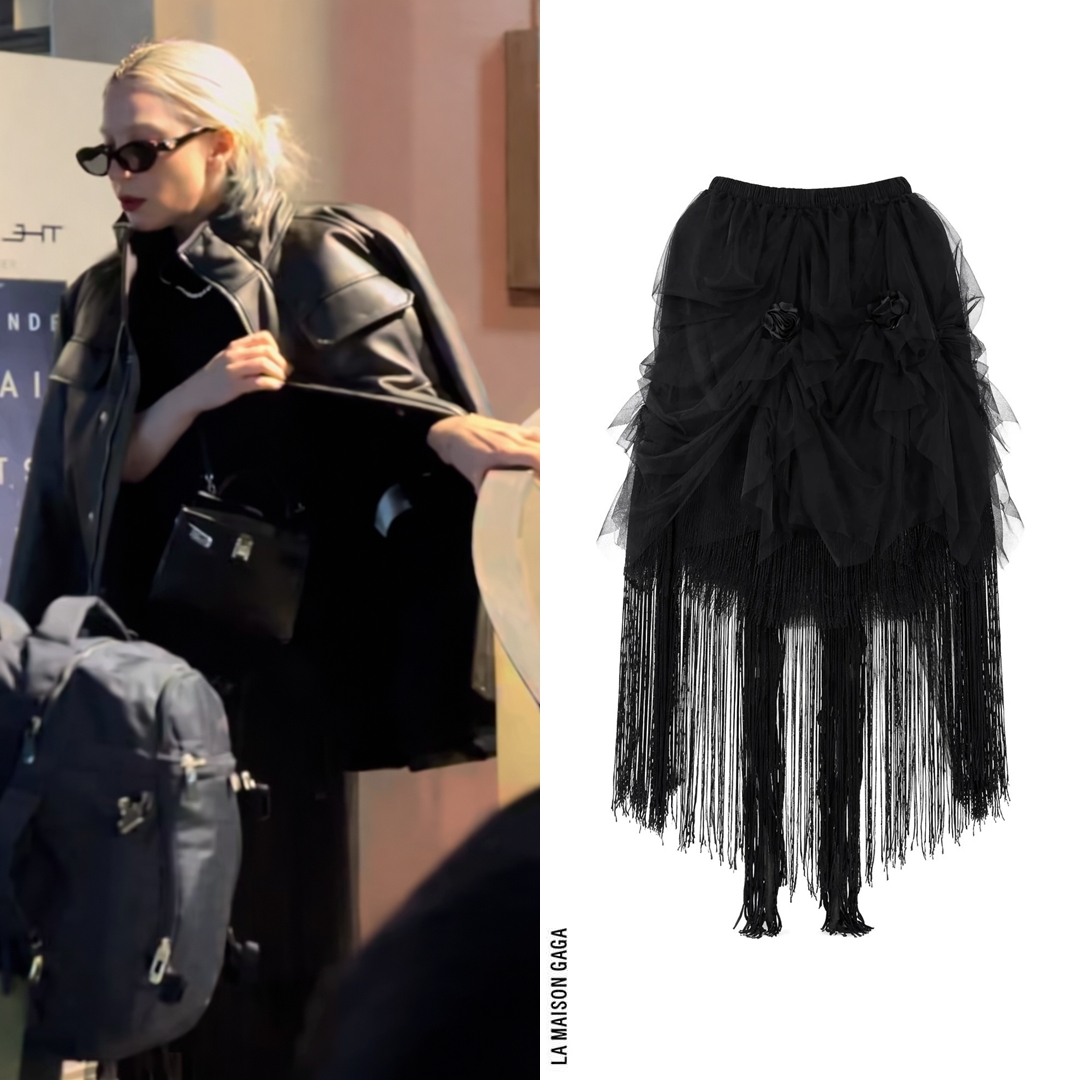 LaMaisonGaga_'s tweet photo. Lady Gaga was seen in Tokyo few days ago wearing her #PhoebePhilo padded leather jacket, #DianaCaramaci organza fringe skirt, @Prada "PR26ZS" oval sunglasses, @Hermes_Paris "Mini Kelly" bag and #EnfantsRichesDeprimes S/S24 leather platform boots! https://t.co/7eaESbFNkr