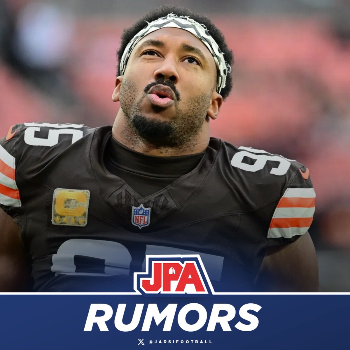 jasrifootball's tweet photo. 𝗥𝗨𝗠𝗢𝗥𝗦: The Browns don’t currently expect superstar pass rusher Myles Garrett to request a trade after they passed up Jim Schwartz for head coach, per @MaryKayCabot 

If he does request a trade, they will have a similar stance to last year… a big “NO” https://t.co/HJCExhajMR