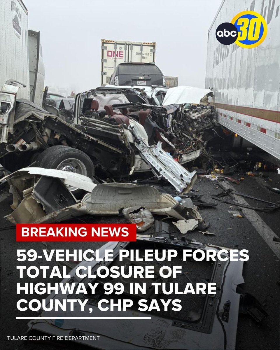 ABC30's tweet photo. CORRECTION: CHP confirms 59 vehicles were involved in a massive pileup on Highway 99 in Tulare County. Previously, the County of Tulare posted on its Facebook page that an estimation of up to 150 vehicles was involved; that number was incorrect. https://t.co/5PvrHM0A4T https://t.co/uuWMfpXut4