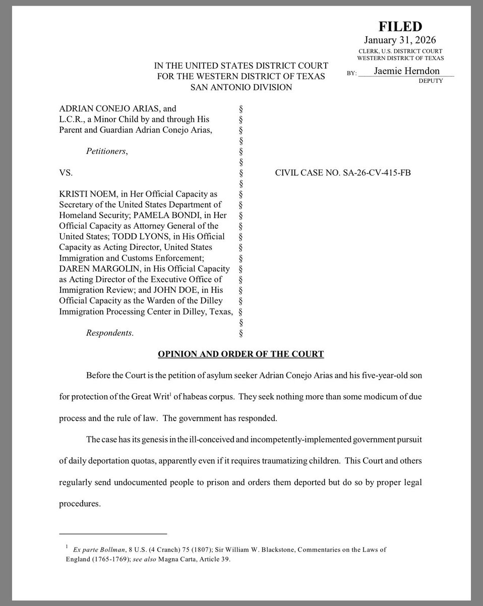 jaketapper's tweet photo. Quite an opinion &amp; order from US District Court Judge Fred Biery in Texas regarding asylum seeker Adrian Conejo Arias and his five-year-old son who “seek nothing more than some modicum of due process and the rule of law.” https://t.co/ZDcocHP9z3
