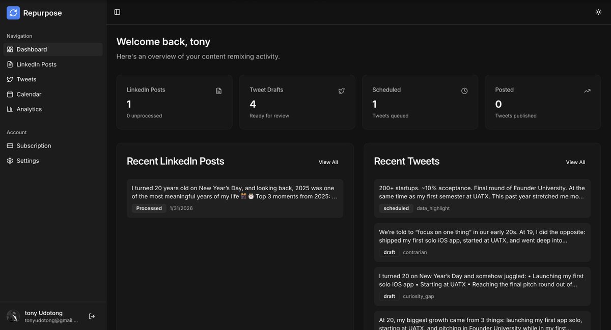 Checkout my LinkedIn posts --> Twitter tweets posting tool that I just made at <a href="/AlphaSchoolATX/">Alpha</a> Hackathon today! 

<a href="/nateliason/">Nat Eliason</a> 

tony-alpha-content-remix.replit.app