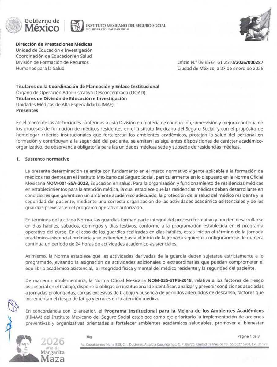El IMSS emitió en enero 2026 un oficio oficial que limita y regula las guardias médicas, reconociendo que la sobrecarga laboral y la falta de descanso aumentan errores médicos y afectan la salud del residente.

No es queja. Es norma. 📄🩺
#ResidenciasMédicas #IMSS #SaludMental