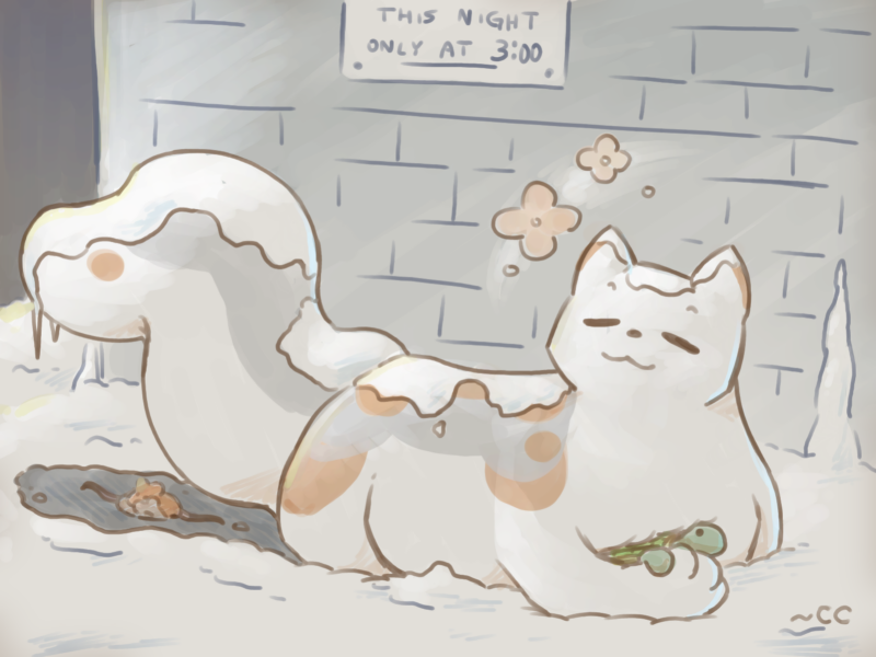 Monthly artwork! This month's subject is Turtle, a quite cool cat (pun intended). Thick fluff's good for those snowy nights.
#art #snow #cat #OC