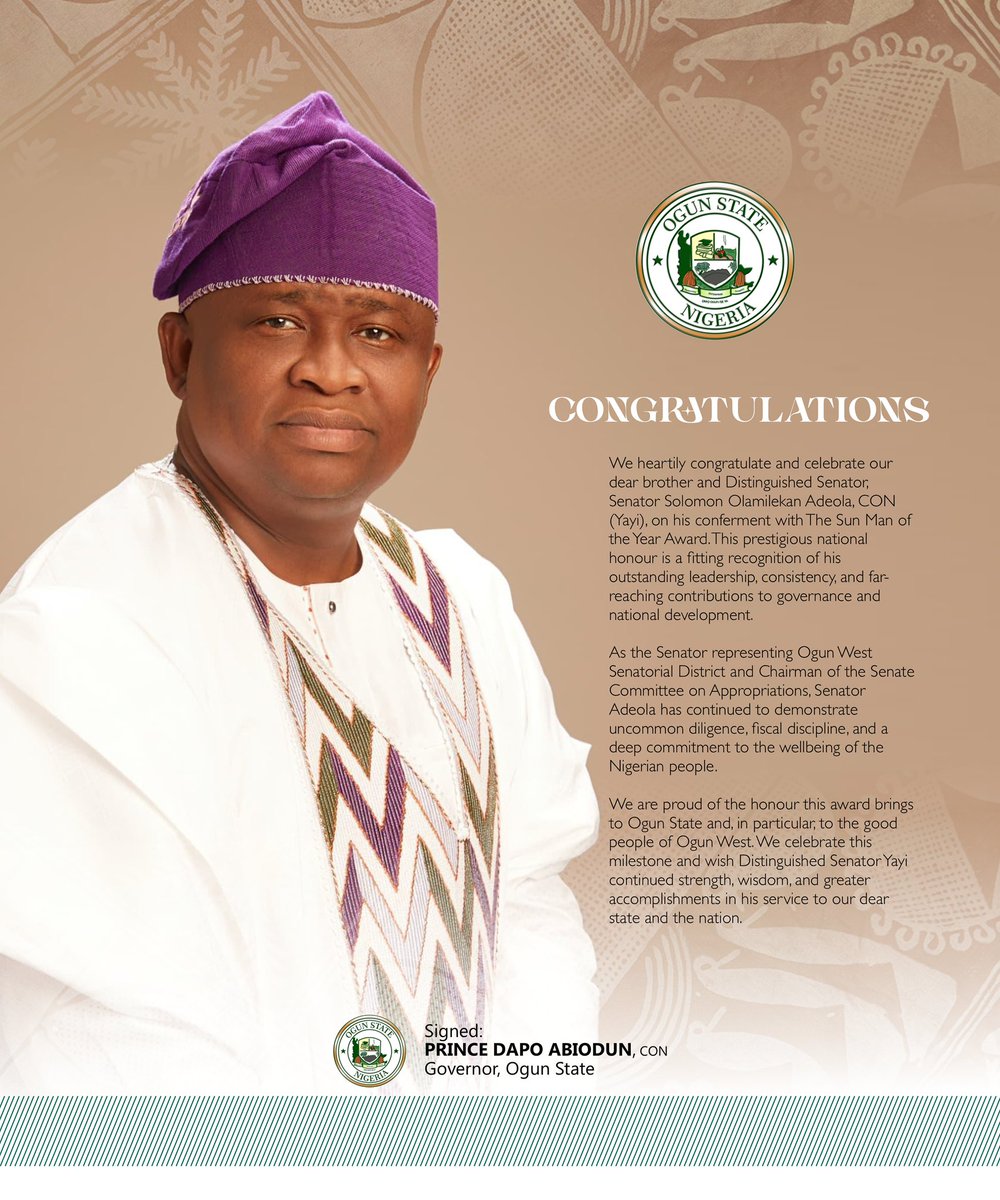 We heartily congratulate and celebrate our dear brother and Distinguished Senator, Senator Solomon Olamilekan Adeola, CON (Yayi), on his conferment with The Sun Man of the Year Award. This prestigious national honour is a fitting recognition of his outstanding leadership,