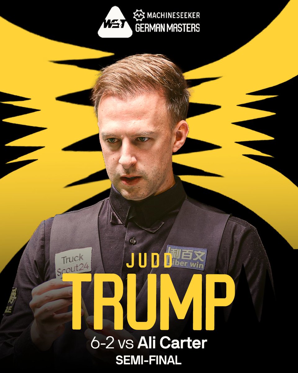 WeAreWST's tweet photo. JUDD TRUMP IS IN HIS FIFTH GERMAN MASTERS FINAL! 🇩🇪

The Ace in the Pack is thriving in Germany and a 6-2 win over Ali Carter sets up a tasty finale!

The World No. 1 will take on a red-hot Shaun Murphy - strap in folks...

#GermanMasters | @Machineseeker https://t.co/C9PXDOofHL