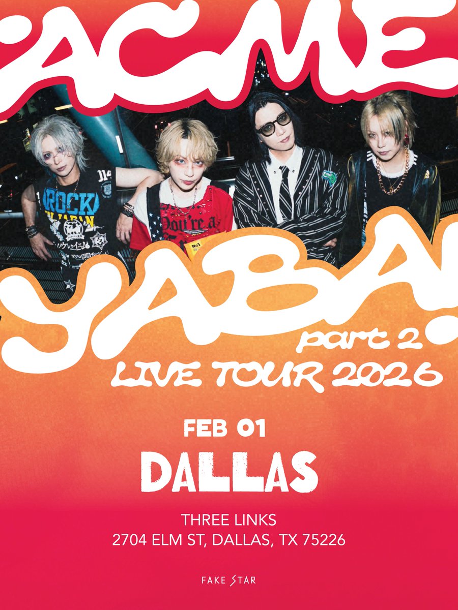 FAKESTARUSA's tweet photo. DALLAS — ROUND 2!🔥
The party continues with ACME at Three Links!
More music, more energy, and more unforgettable moments.
Dallas, get ready to close out two epic nights! 👀💥
#YABALiveTour #YABA2026 #Dallas #Round2 https://t.co/wcSlXMuRpz