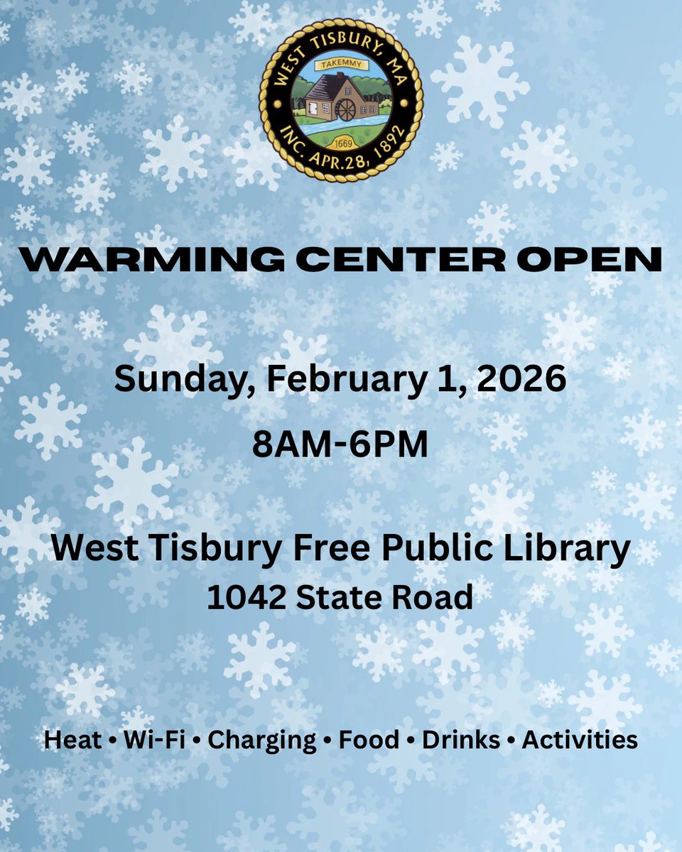 ❄️ Due to inclement weather, the #WestTisbury Library is closed for normal operations on Sunday, February 1, 2026 but OPEN as a #WarmingCenter from 8AM–6PM at 1042 State Road, West Tisbury
🔥 Heat
🛜 Wi-Fi
🔌 Charging
🍲 Food &amp; Drinks

Please help spread the word #MarthasVineyard
